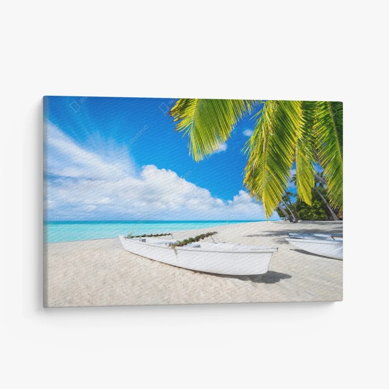 Canvas print tropical turquoise beach with palms and boats