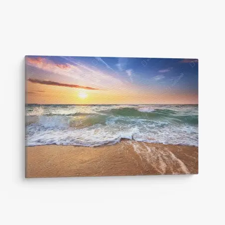 Canvas print golden beach sunset over gentle waves • Wallissimo®