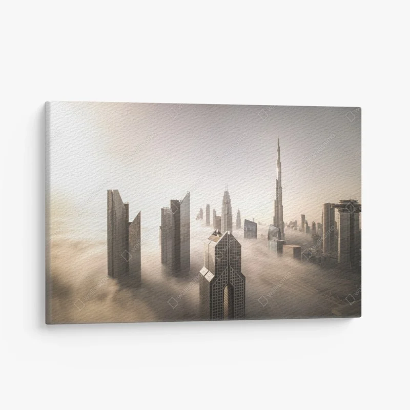 Canvas print foggy Dubai downtown skyline above the clouds