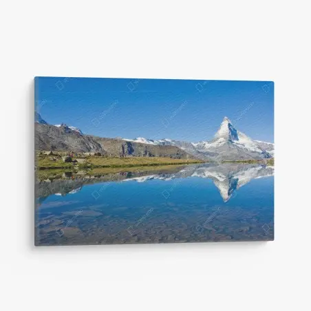 Canvas print alpine mountain reflection over calm lake • Wallissimo®