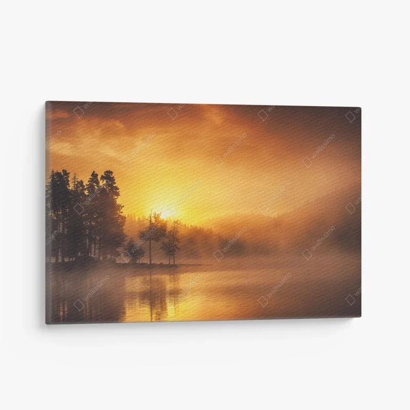 Canvas print golden sunrise over a misty lake