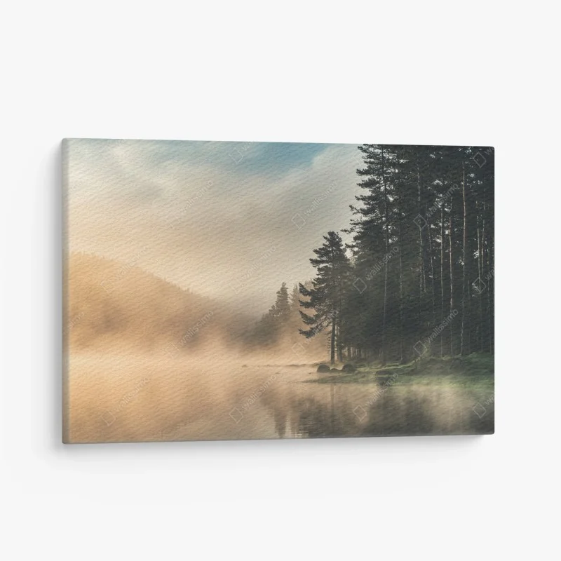 Canvas print misty sunrise over forest lake