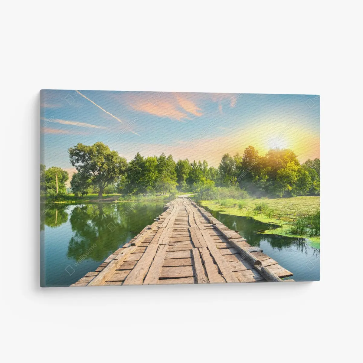Canvas print sunlit wooden bridge over tranquil lake ⁕ Wallissimo® Canvas print sunlit wooden bridge over tranquil lake ⁕ Wallissimo®