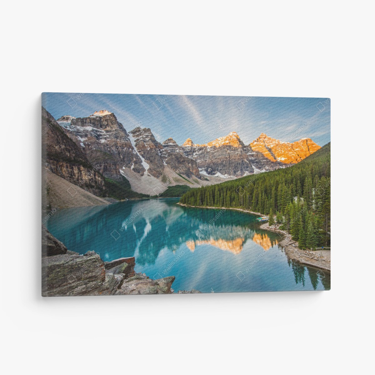 Canvas print sunlit alpine lake reflection • Wallissimo®