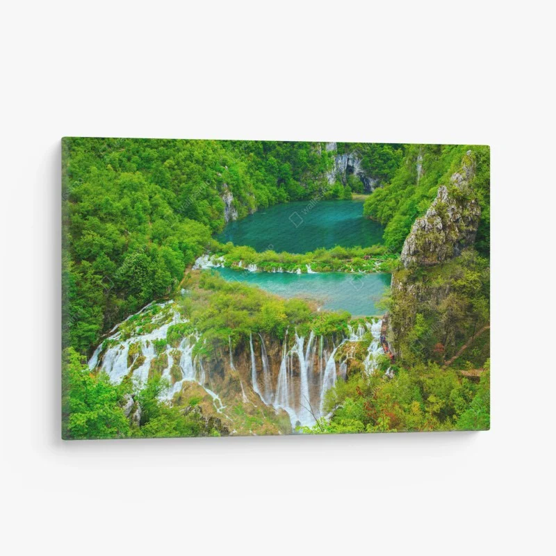Canvas print lush waterfall and turquoise lakes panorama