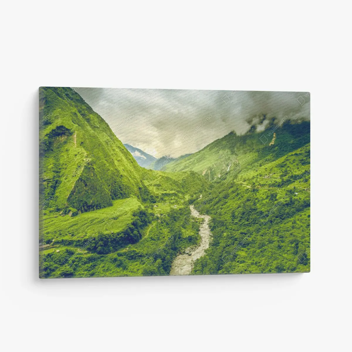 Canvas print lush green mountain valley with river • Wallissimo®