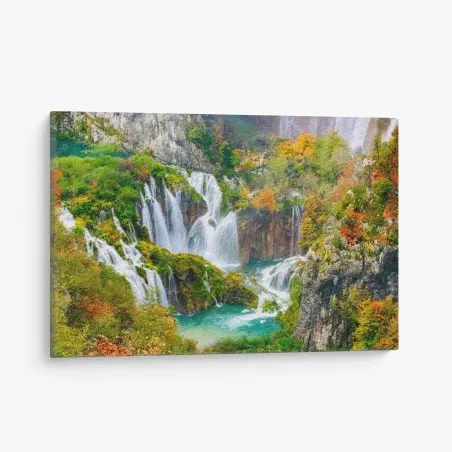 Canvas print turquoise waterfall in autumn • Wallissimo®