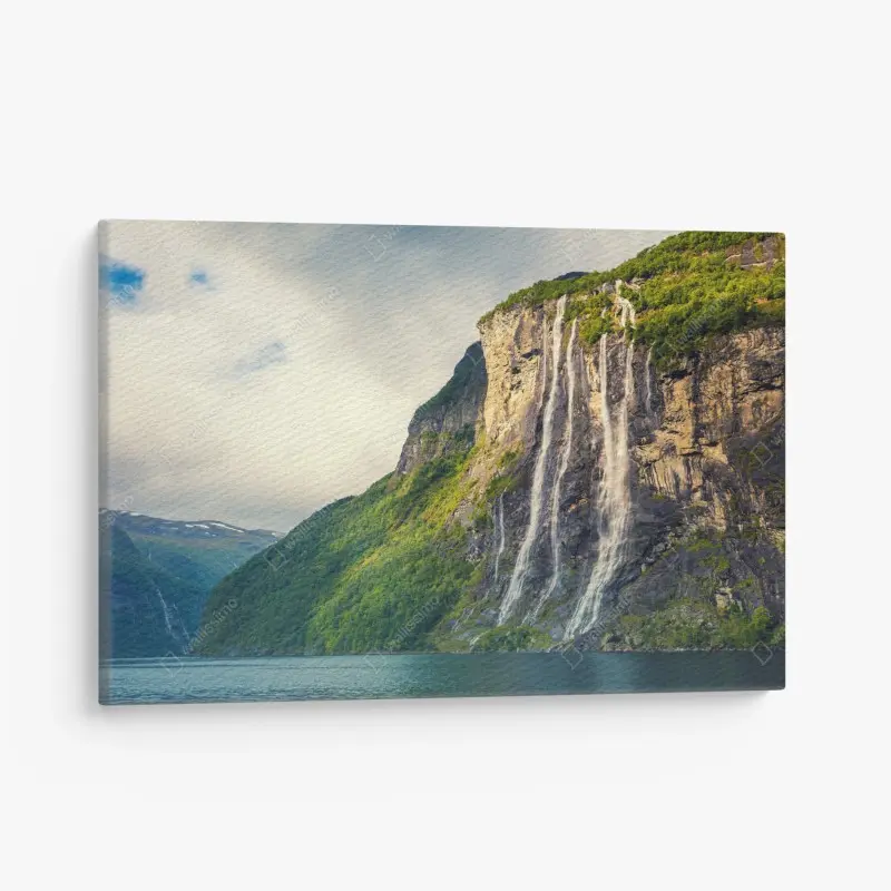Canvas print waterfalls cascading down fjord cliffs