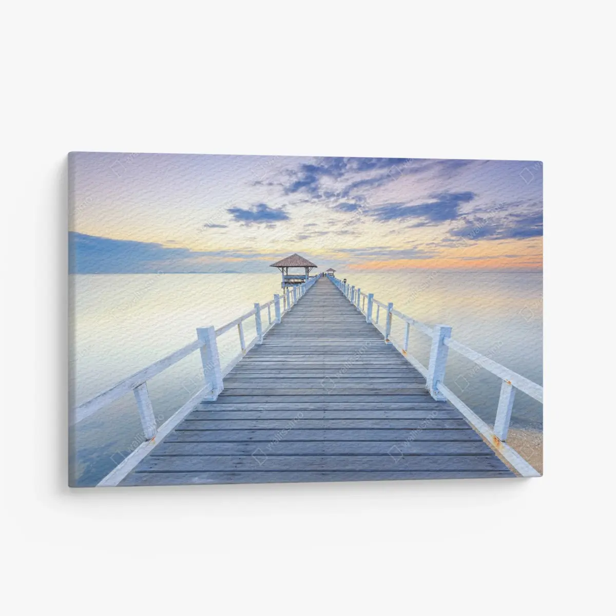 Canvas print tranquil wooden pier at sunset • Wallissimo®