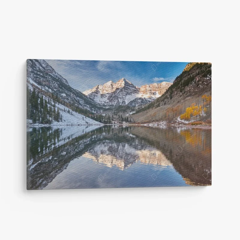 Canvas print serene alpine lake reflecting snow-covered peaks and autumn trees