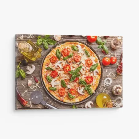 Canvas print fresh pizza with basil and cherry tomatoes • Wallissimo®