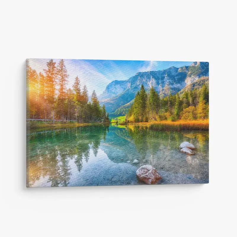 Canvas print Hintersee autumn lake reflection at sunset