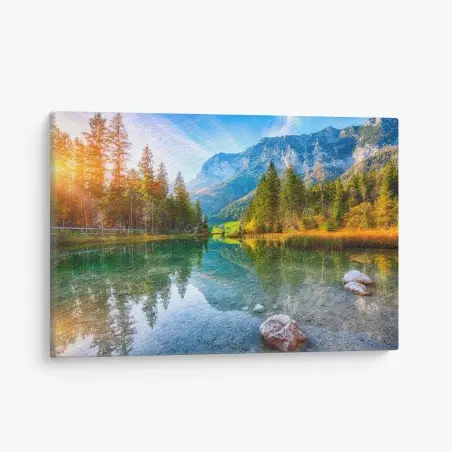 Canvas print Hintersee autumn lake reflection at sunset • Wallissimo®