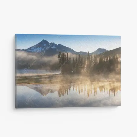 Canvas print misty mountain sunrise reflection • Wallissimo®
