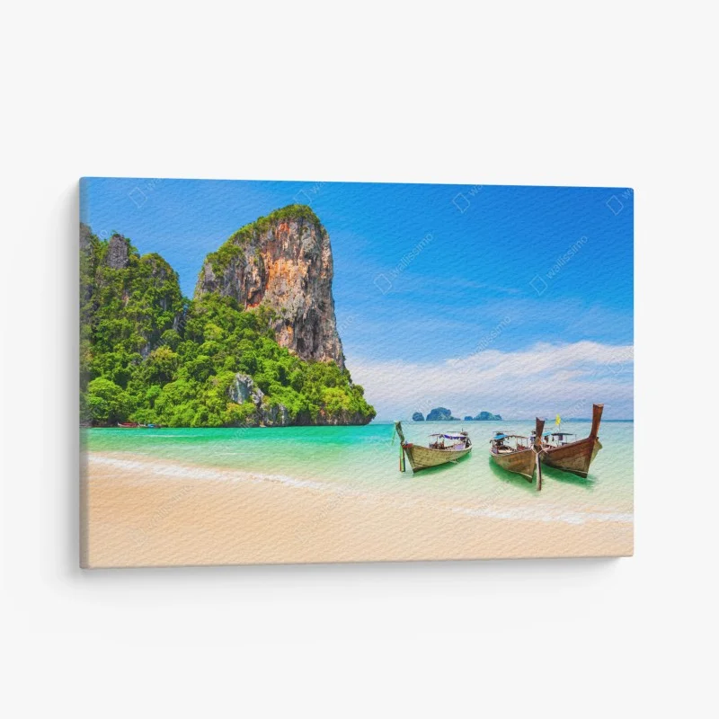 Canvas print tropical beach with longtail boats in Thailand