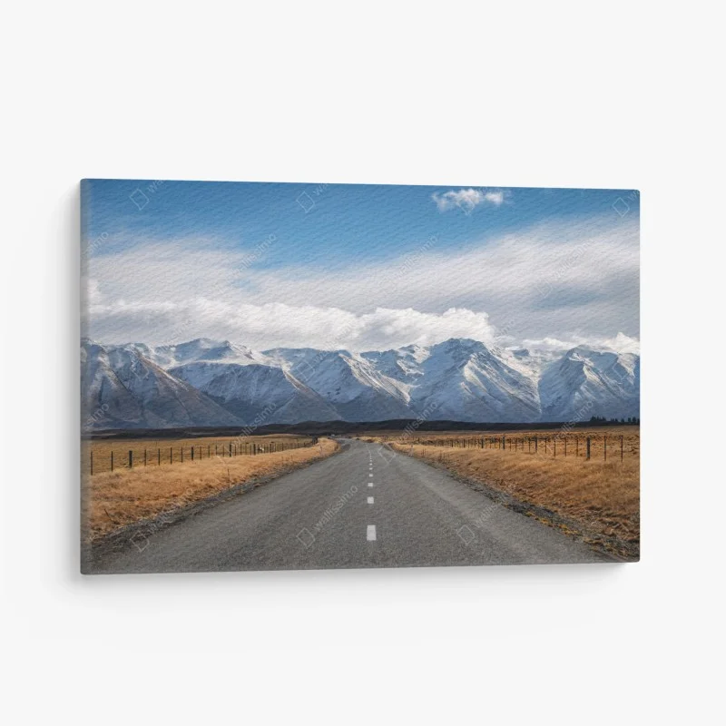 Canvas print road to snow-capped mountains, New Zealand