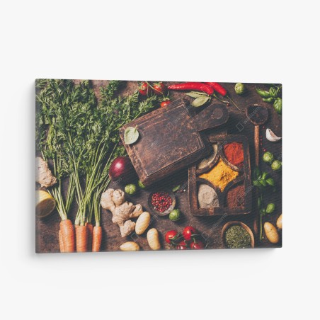Canvas print rustic spices and fresh vegetables flatlay • Wallissimo®