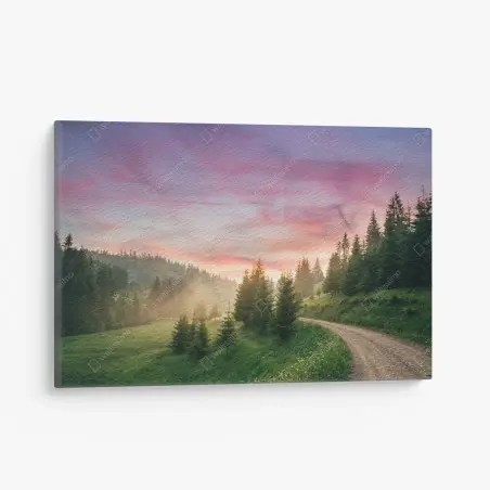 Canvas print misty sunset in the pine forest • Wallissimo®