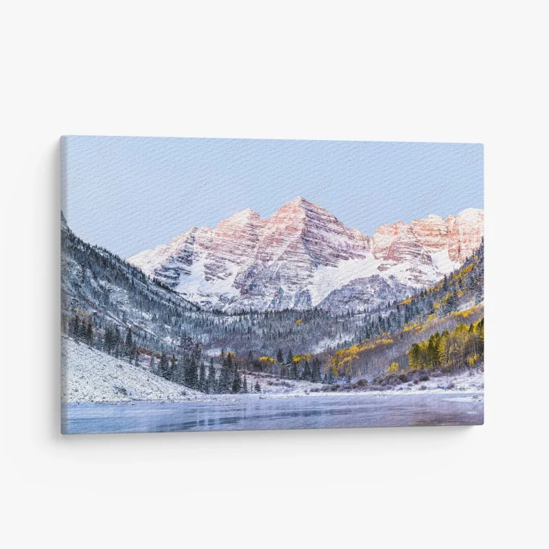 Canvas print snowy alpine sunrise over mountain lake