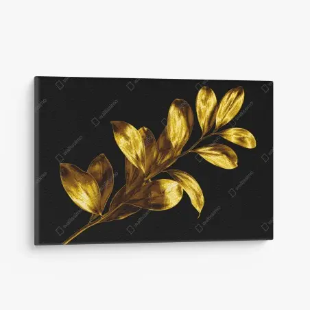 Canvas print golden leaf branch on black • Wallissimo®