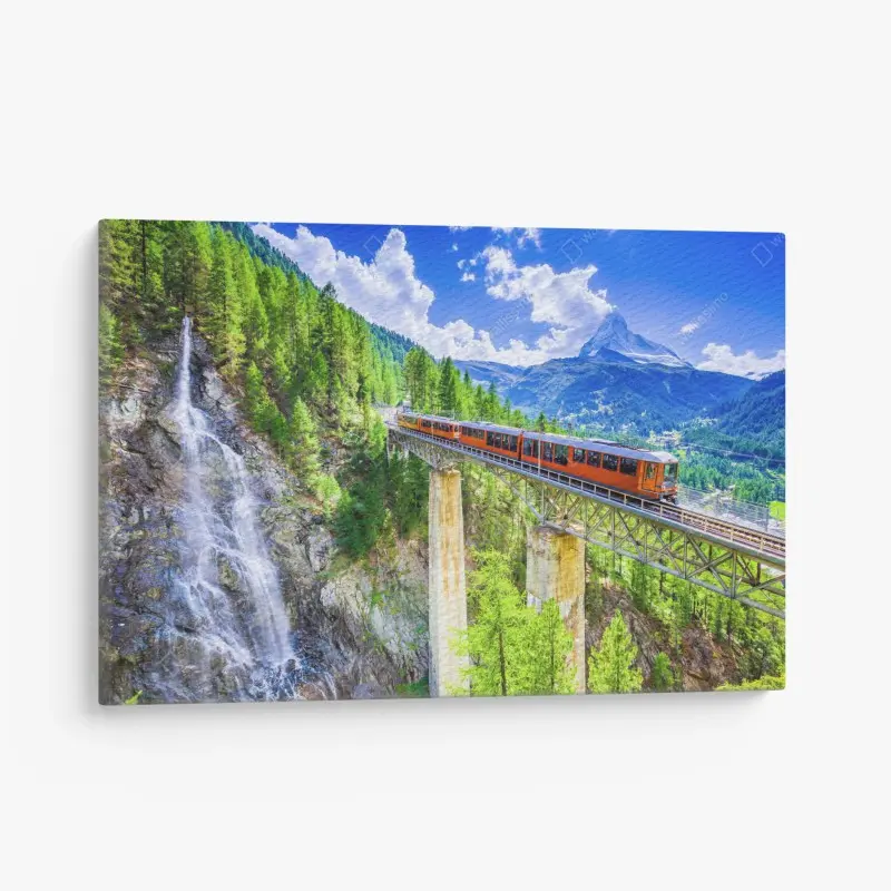 Canvas print Gornergrat train on alpine bridge with Matterhorn