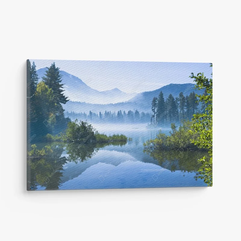 Canvas print misty mountain lake reflection ⁕ Wallissimo® Canvas print misty mountain lake reflection ⁕ Wallissimo®