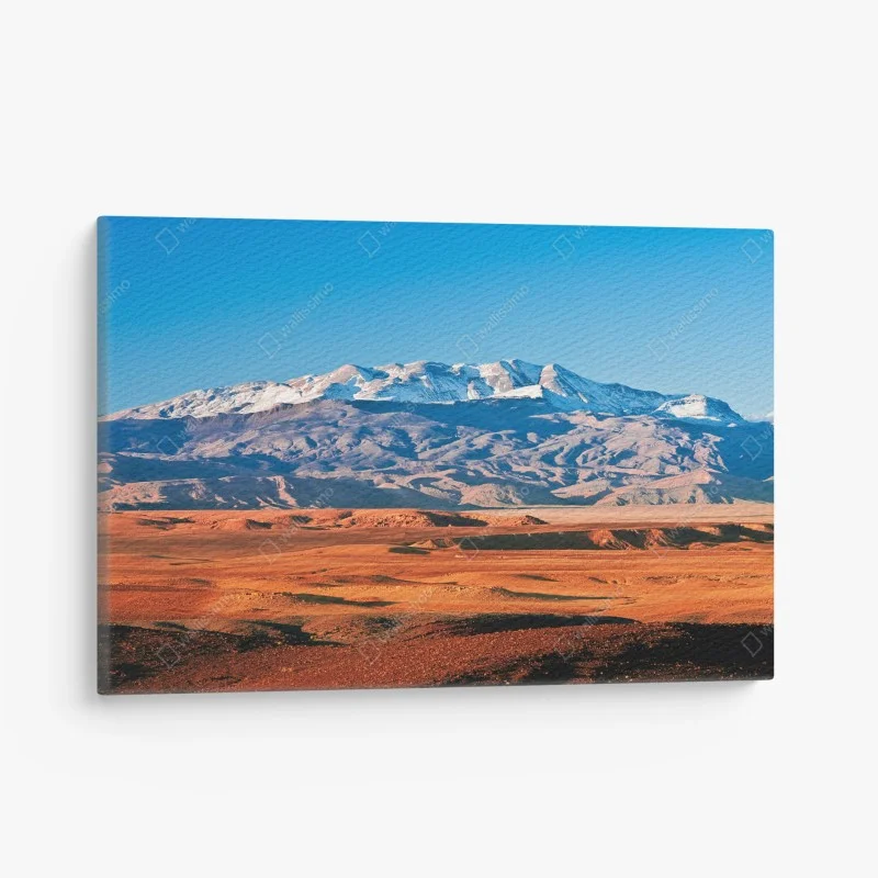 Canvas print sunlit desert with snow-capped mountains