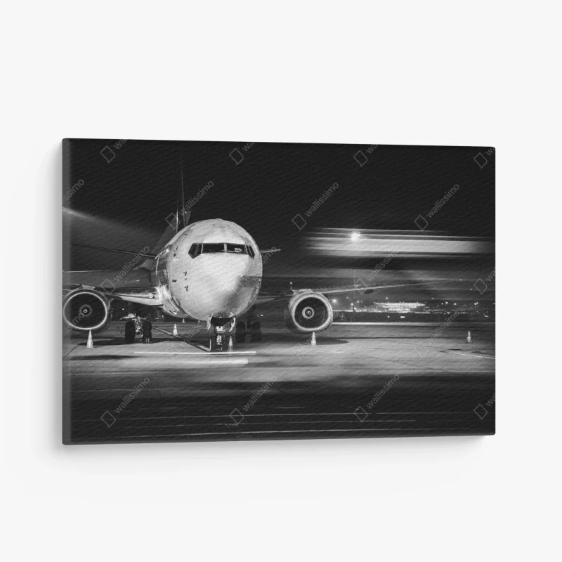 Canvas print monochrome jet on the tarmac at night