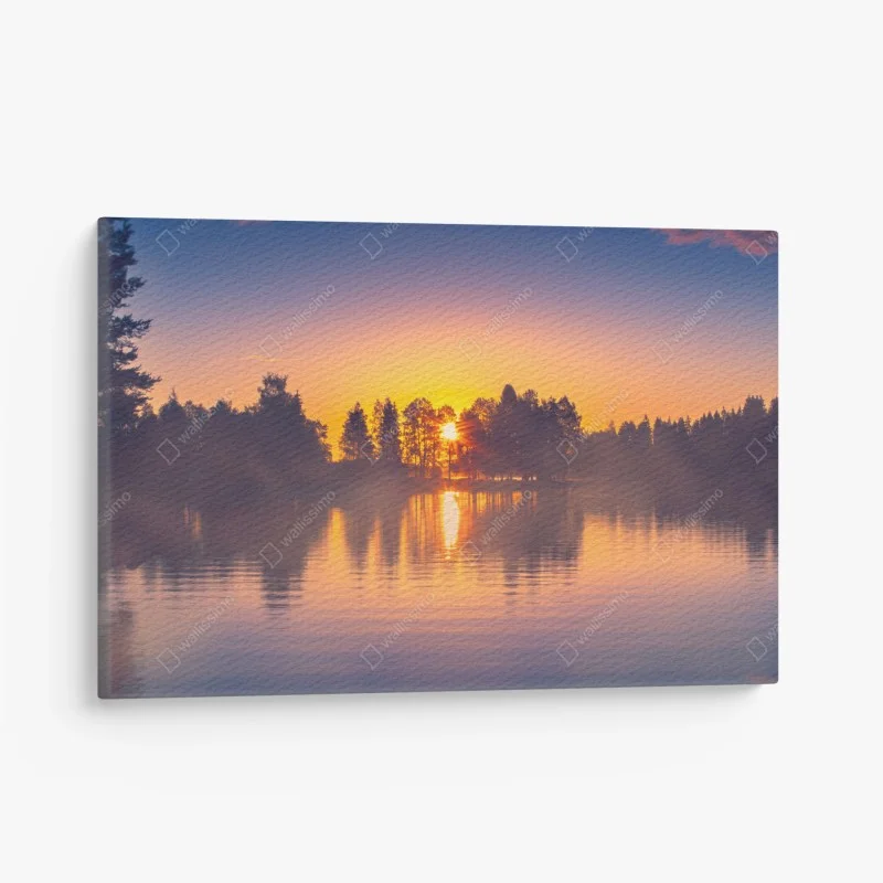 Canvas print misty lakeside sunset reflections