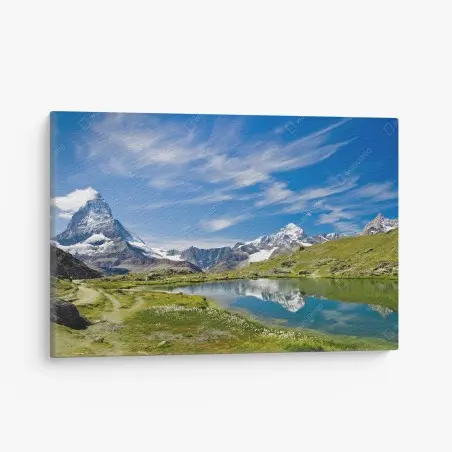 Canvas print majestic alpine lake with mountain reflection • Wallissimo®