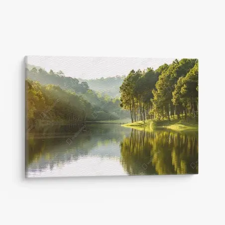 Canvas print serene pine forest by a tranquil lake • Wallissimo®