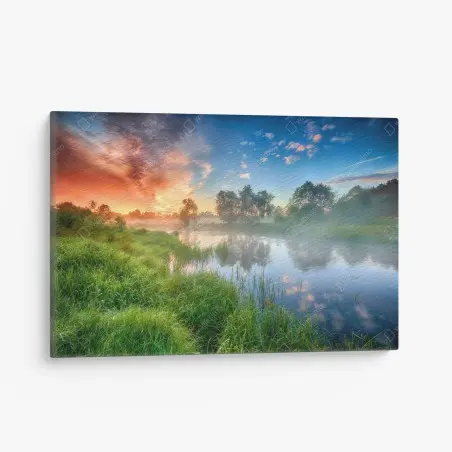 Canvas print sunrise mist over riverbanks • Wallissimo®