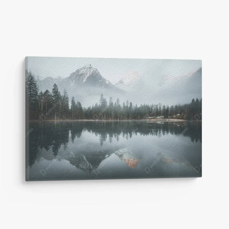 Canvas print misty alpine reflection over tranquil lake