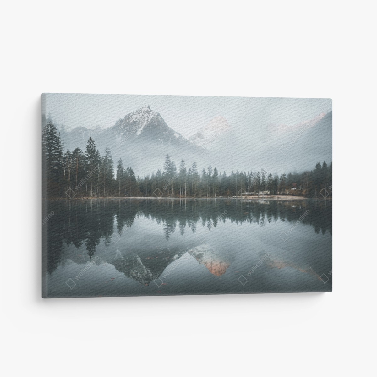 Canvas print misty alpine reflection over tranquil lake • Wallissimo®