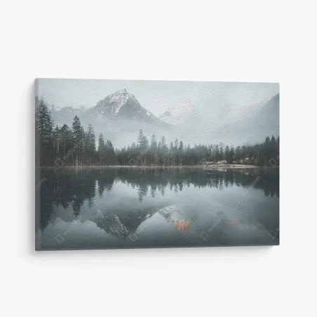 Canvas print misty alpine reflection over tranquil lake • Wallissimo®