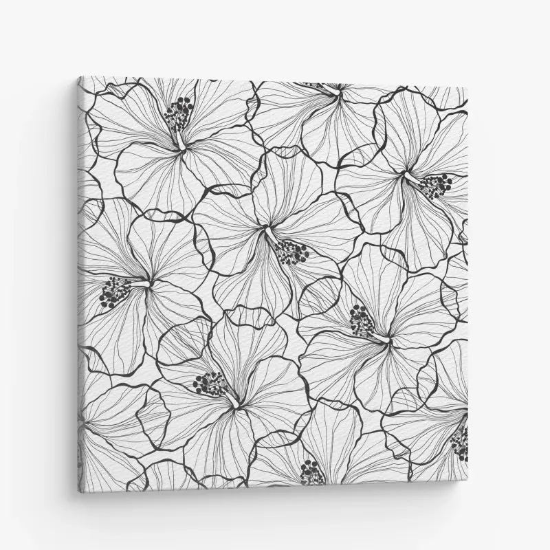 Canvas print black and white hibiscus line art pattern