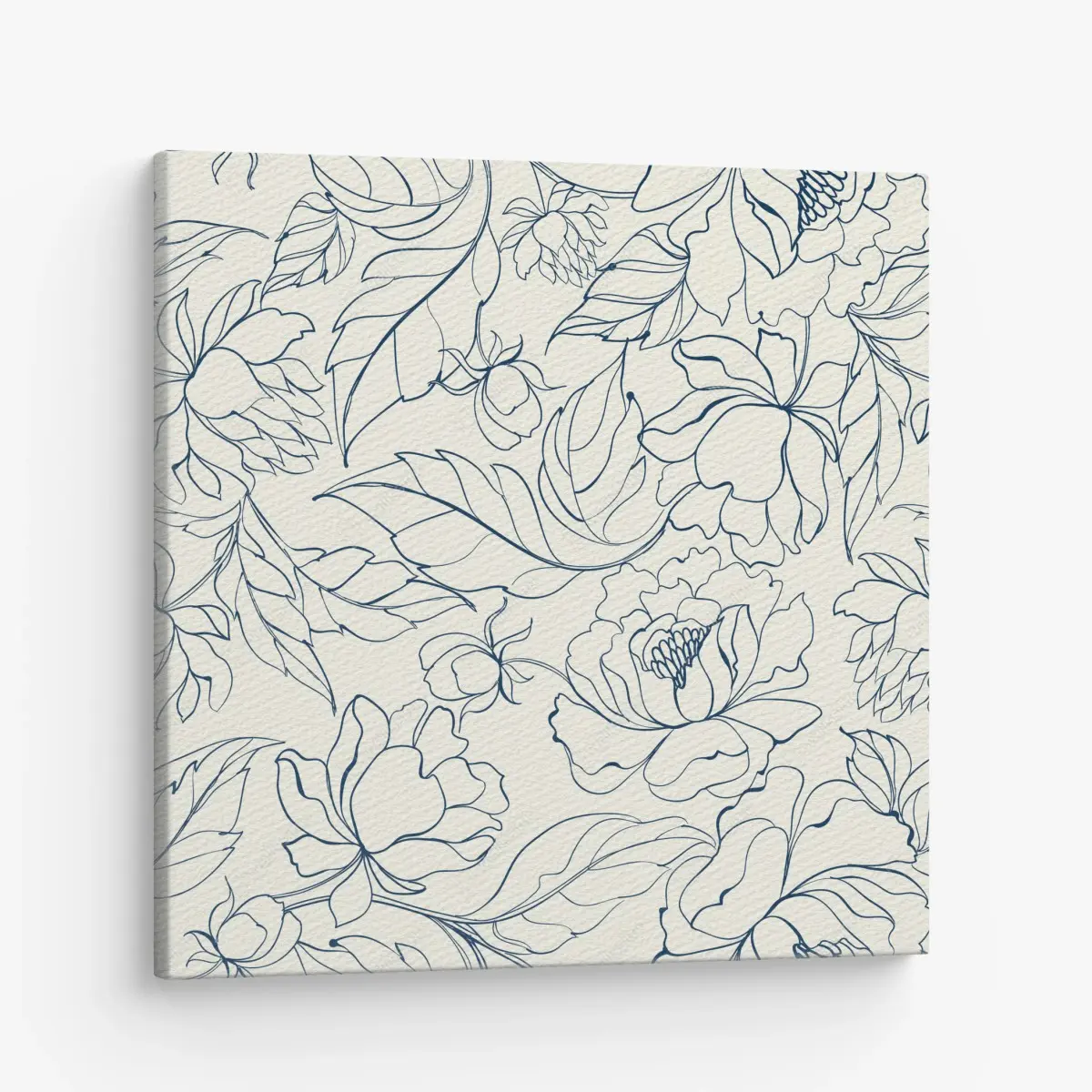Canvas print hand-drawn navy floral pattern on cream • Wallissimo®