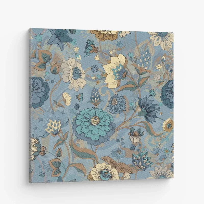 Canvas print vintage floral pattern in muted blue and beige tones