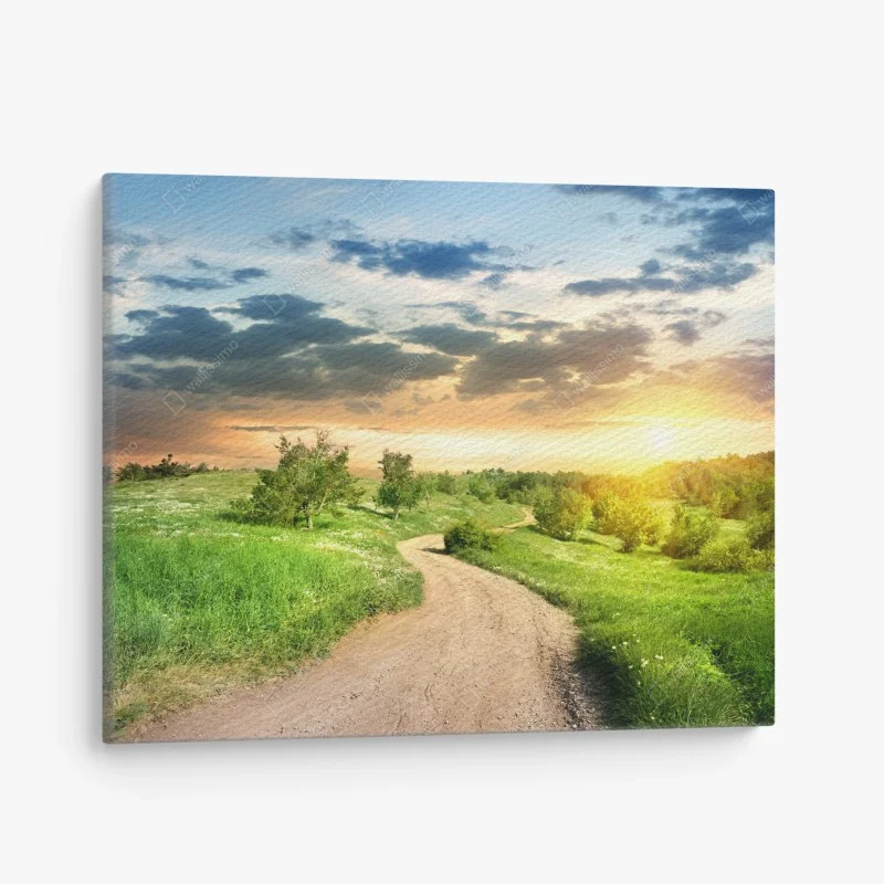 Canvas print sunset country road through green meadow