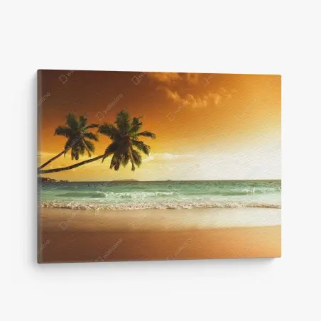 Canvas print Caribbean sunset beach with palm trees • Wallissimo®