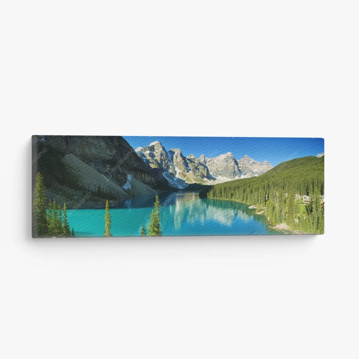 Canvas print tranquil turquoise mountain lake panorama • Wallissimo®