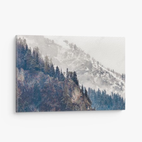 Canvas print misty mountain cliff with pine forest • Wallissimo®