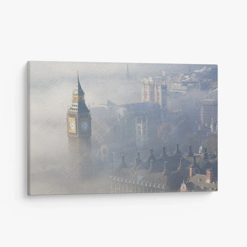 Canvas print foggy aerial view of Big Ben and Palace of Westminster