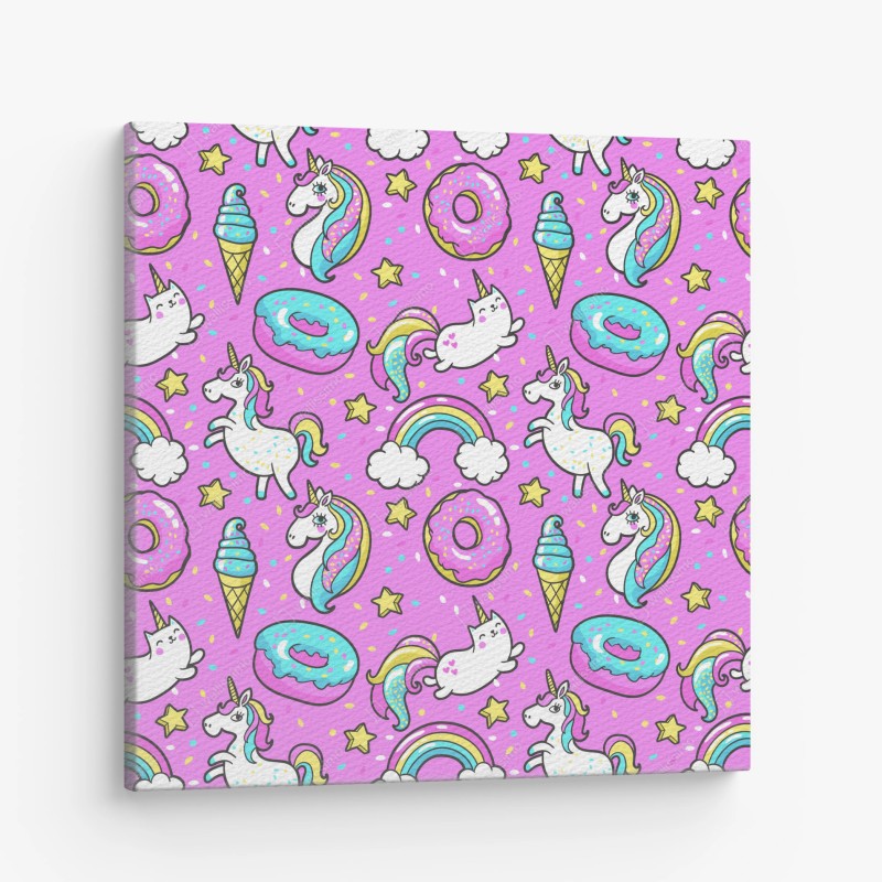 Canvas print pastel unicorns and sweets pattern