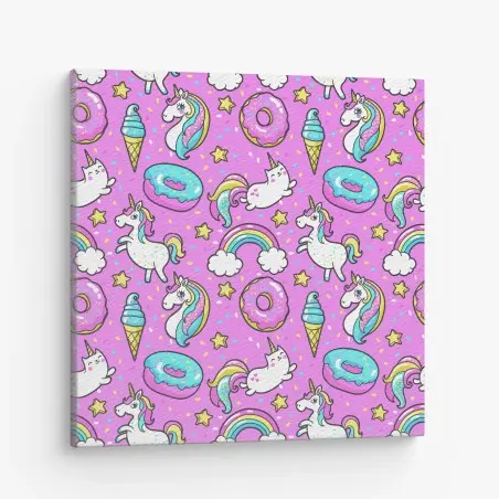 Canvas print pastel unicorns and sweets pattern • Wallissimo®