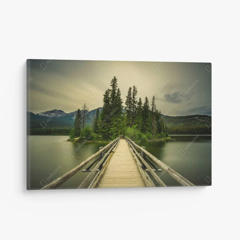 Canvas print evening walkway to Pyramid Island, Jasper National Park