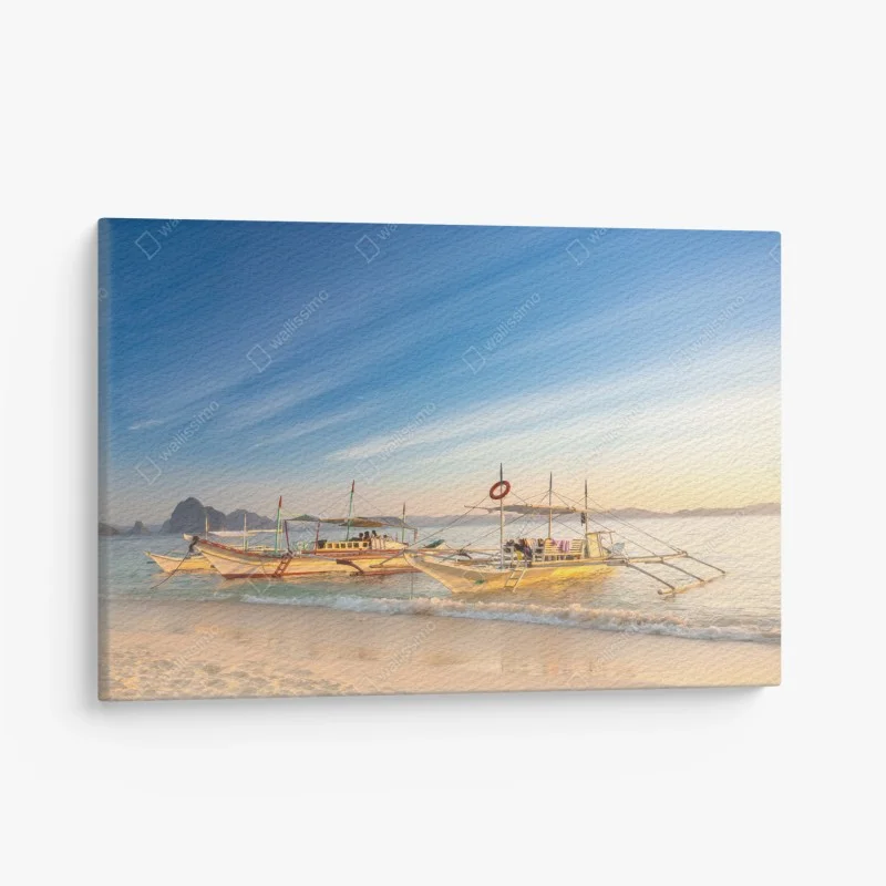 Canvas print tropical beach at sunset with boats