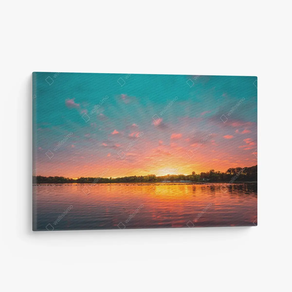 Canvas print turquoise sunset over tranquil lake • Wallissimo®