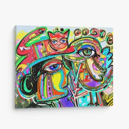 Canvas print vibrant abstract faces with cat and bird • Wallissimo®