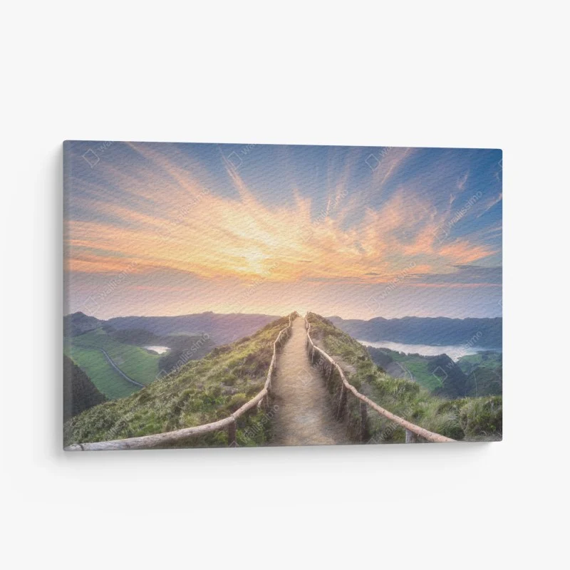 Canvas print sunset ridge path over serene lake and valley